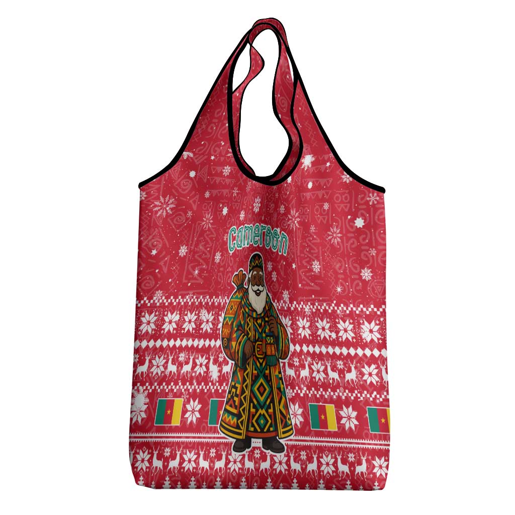 Cameroon Christmas Grocery Bag with Red Snowflake Pattern Traditional Santa and Map Motif - Wonder Print Shop