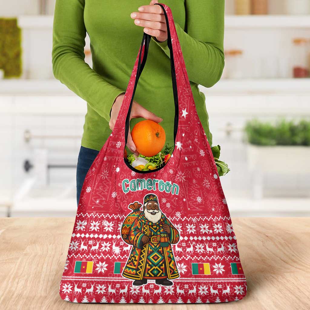 Cameroon Christmas Grocery Bag with Red Snowflake Pattern Traditional Santa and Map Motif - Wonder Print Shop