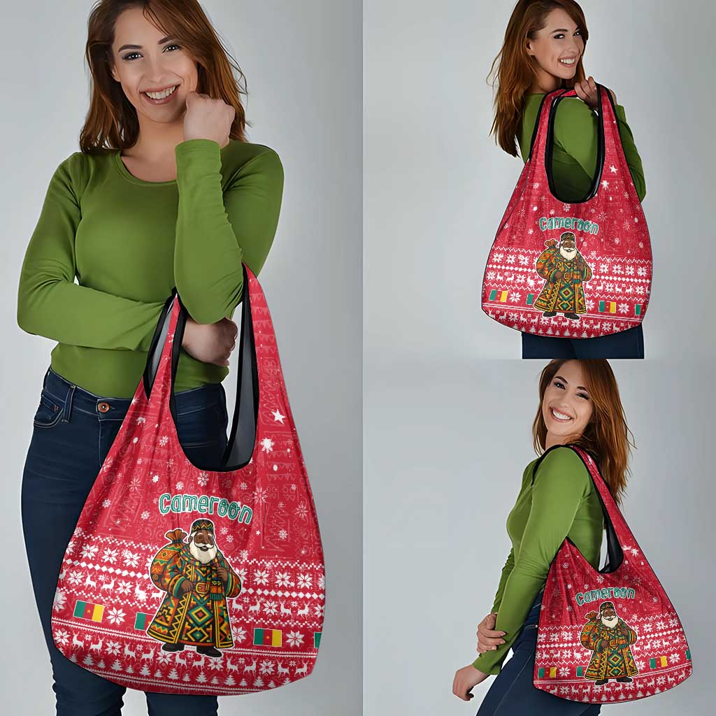 Cameroon Christmas Grocery Bag with Red Snowflake Pattern Traditional Santa and Map Motif - Wonder Print Shop