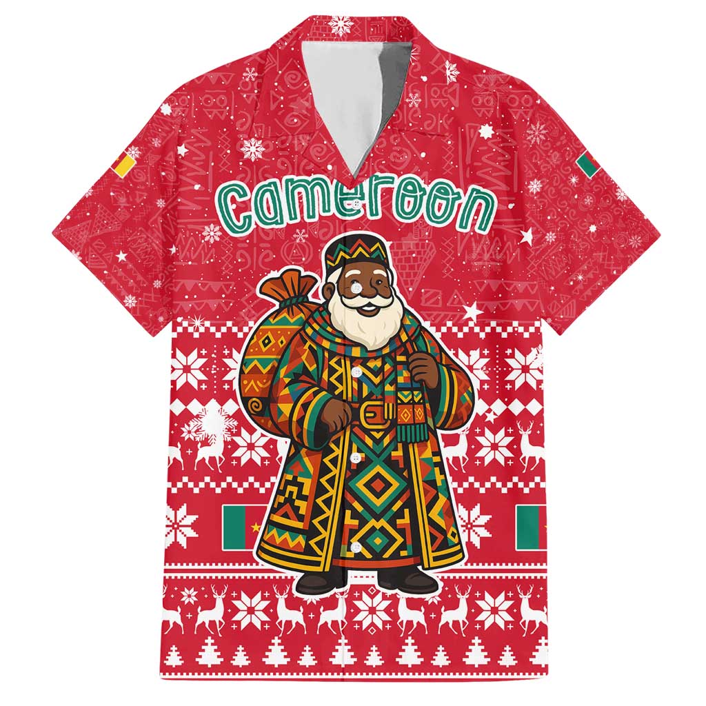 Cameroon Christmas Hawaiian Shirt with Red Snowflake Pattern Traditional Santa and Map Motif - Wonder Print Shop