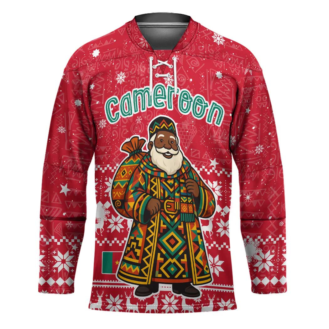 Cameroon Christmas Hockey Jersey with Red Snowflake Pattern Traditional Santa and Map Motif - Wonder Print Shop