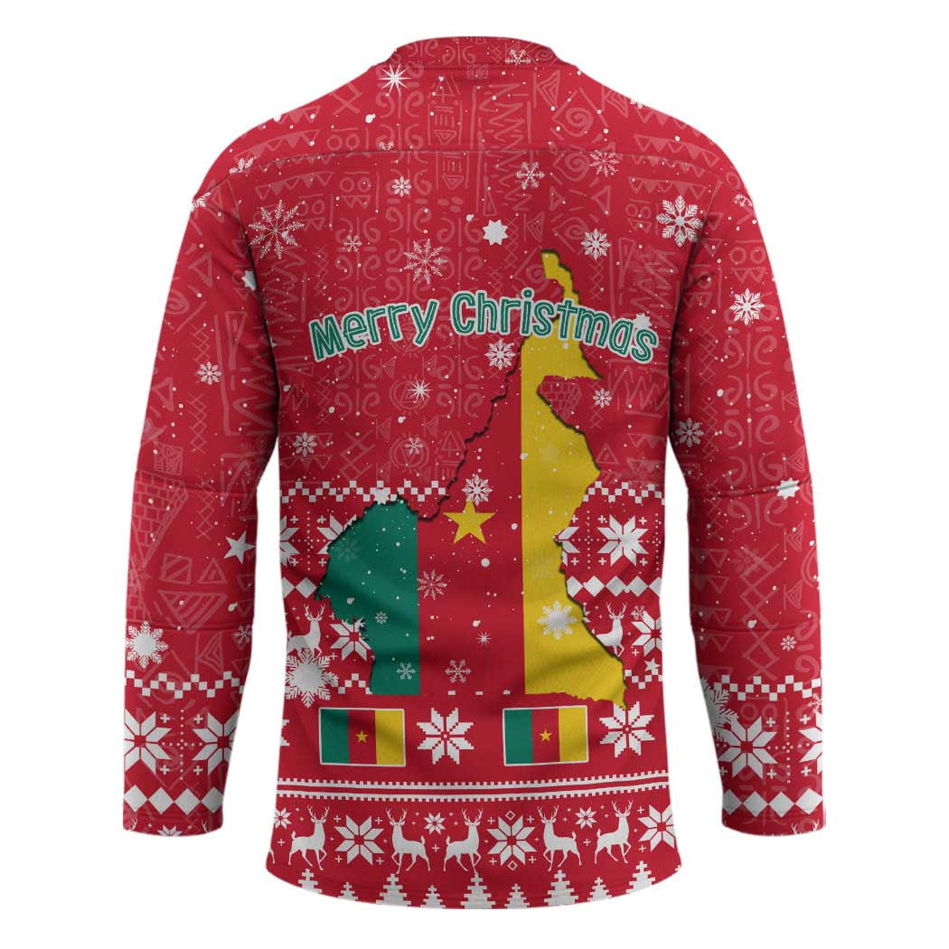 Cameroon Christmas Hockey Jersey with Red Snowflake Pattern Traditional Santa and Map Motif - Wonder Print Shop