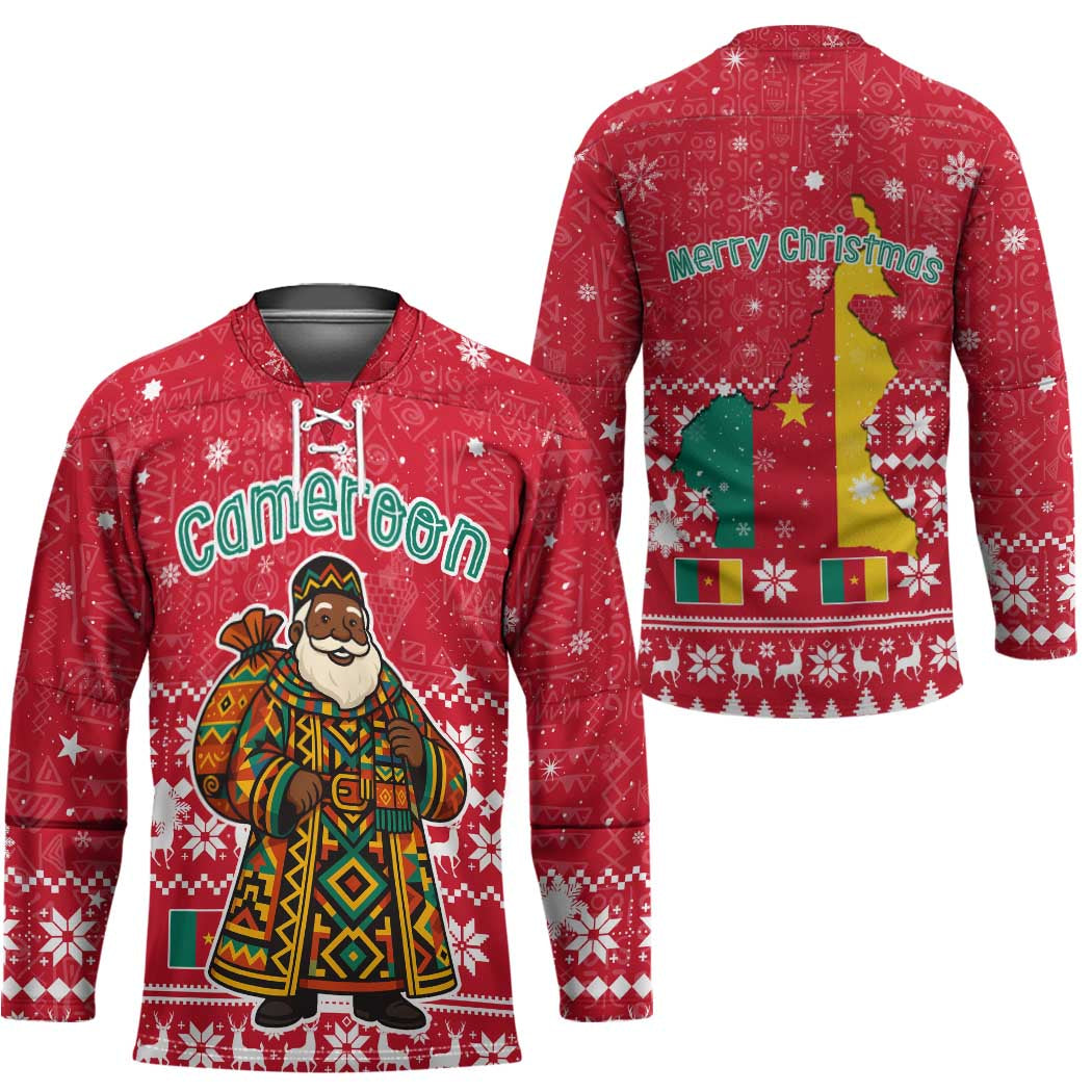 Cameroon Christmas Hockey Jersey with Red Snowflake Pattern Traditional Santa and Map Motif - Wonder Print Shop