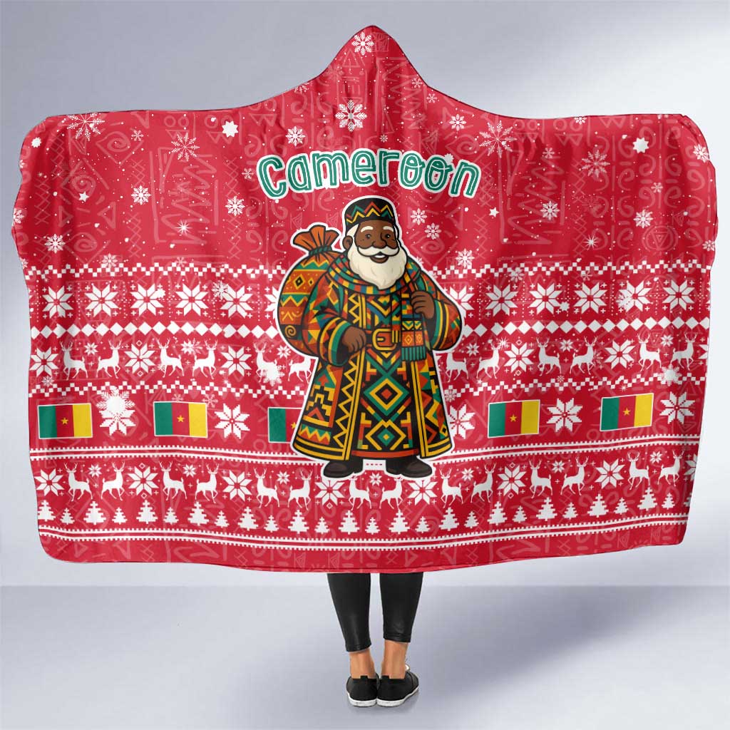 Cameroon Christmas Hooded Blanket with Red Snowflake Pattern Traditional Santa and Map Motif - Wonder Print Shop