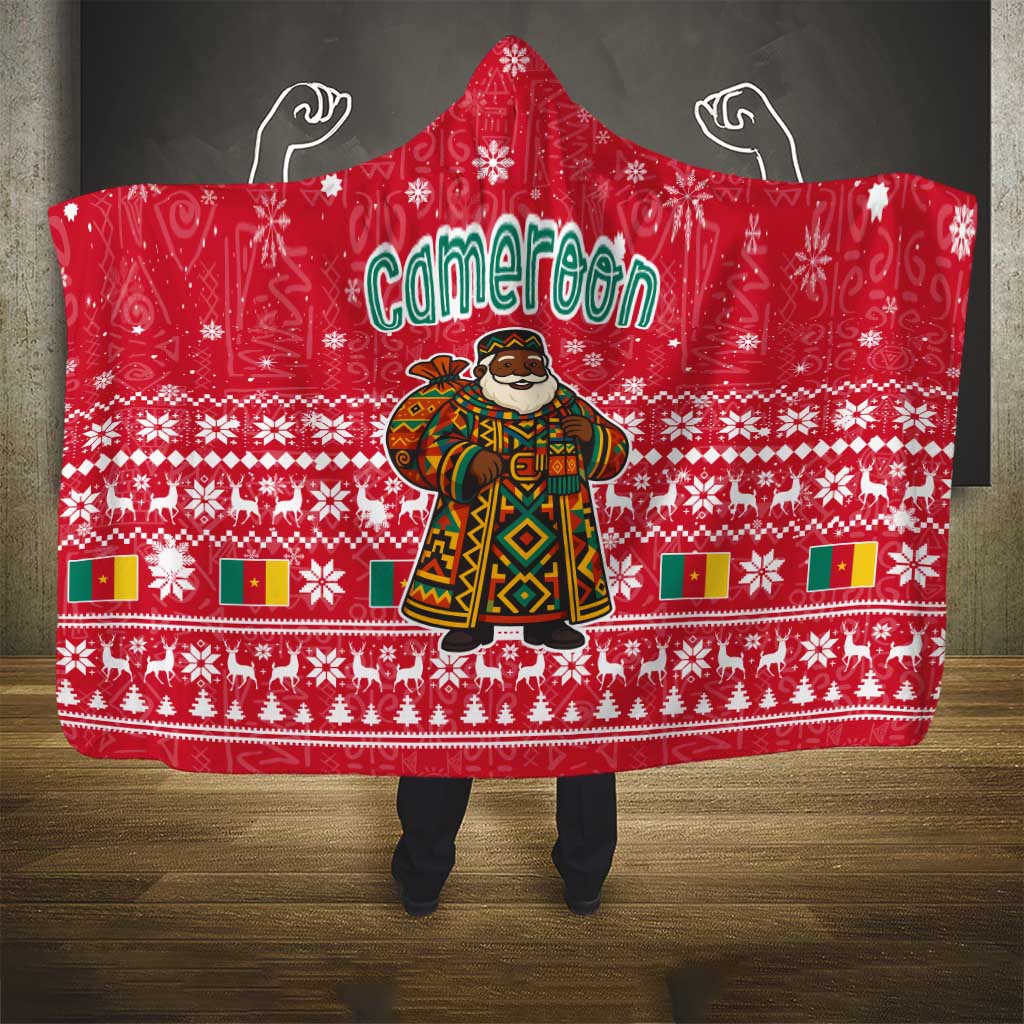 Cameroon Christmas Hooded Blanket with Red Snowflake Pattern Traditional Santa and Map Motif - Wonder Print Shop