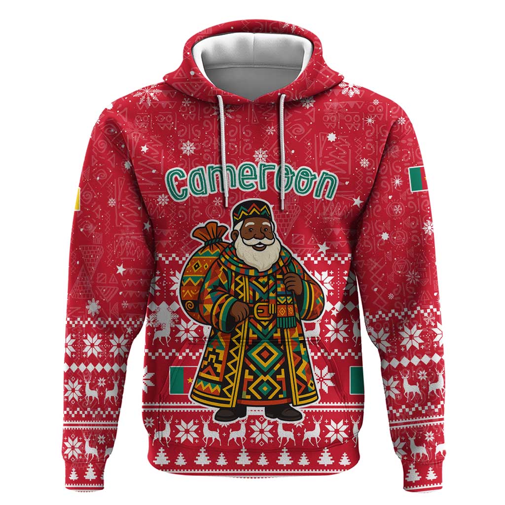 Cameroon Christmas Hoodie with Red Snowflake Pattern Traditional Santa and Map Motif - Wonder Print Shop