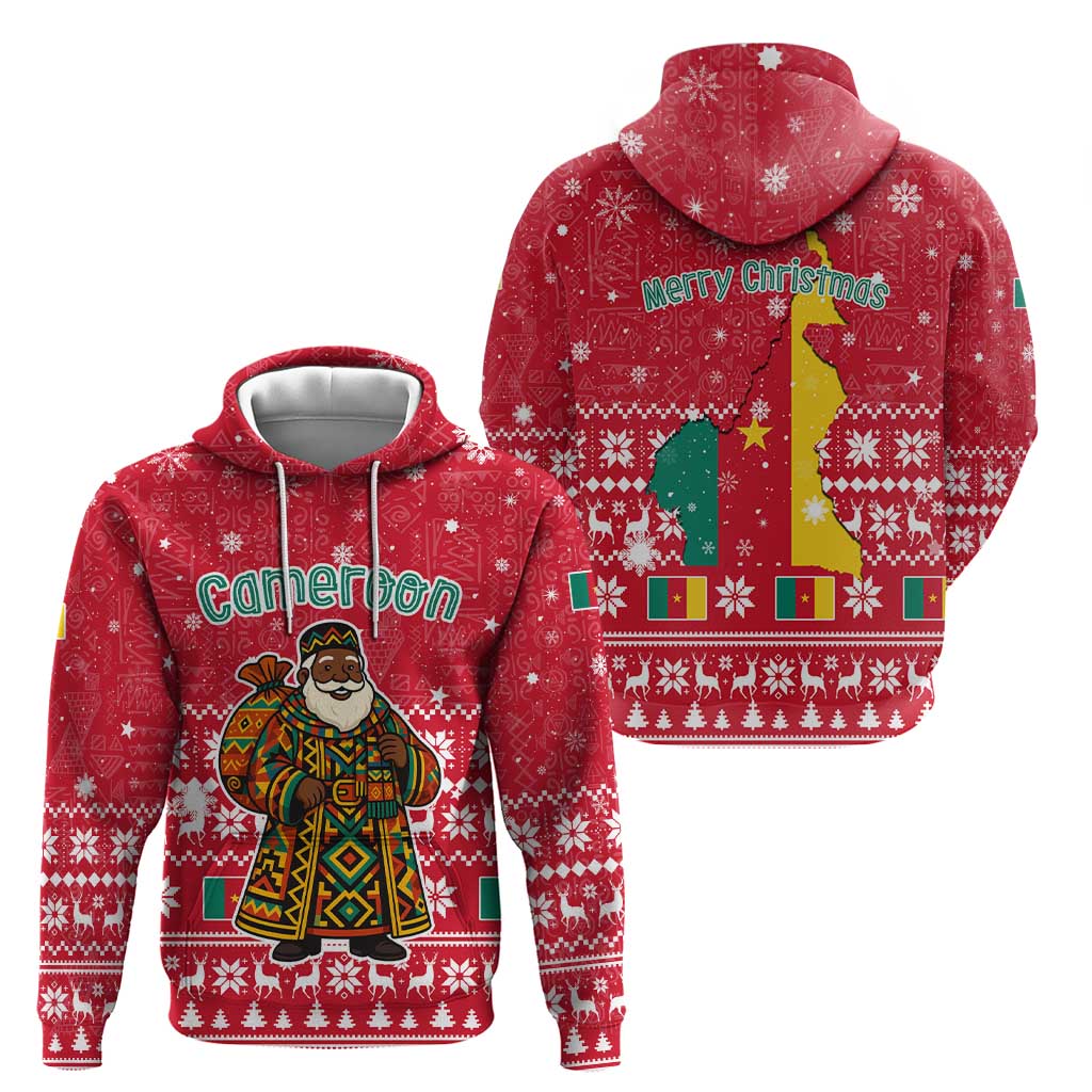 Cameroon Christmas Hoodie with Red Snowflake Pattern Traditional Santa and Map Motif - Wonder Print Shop