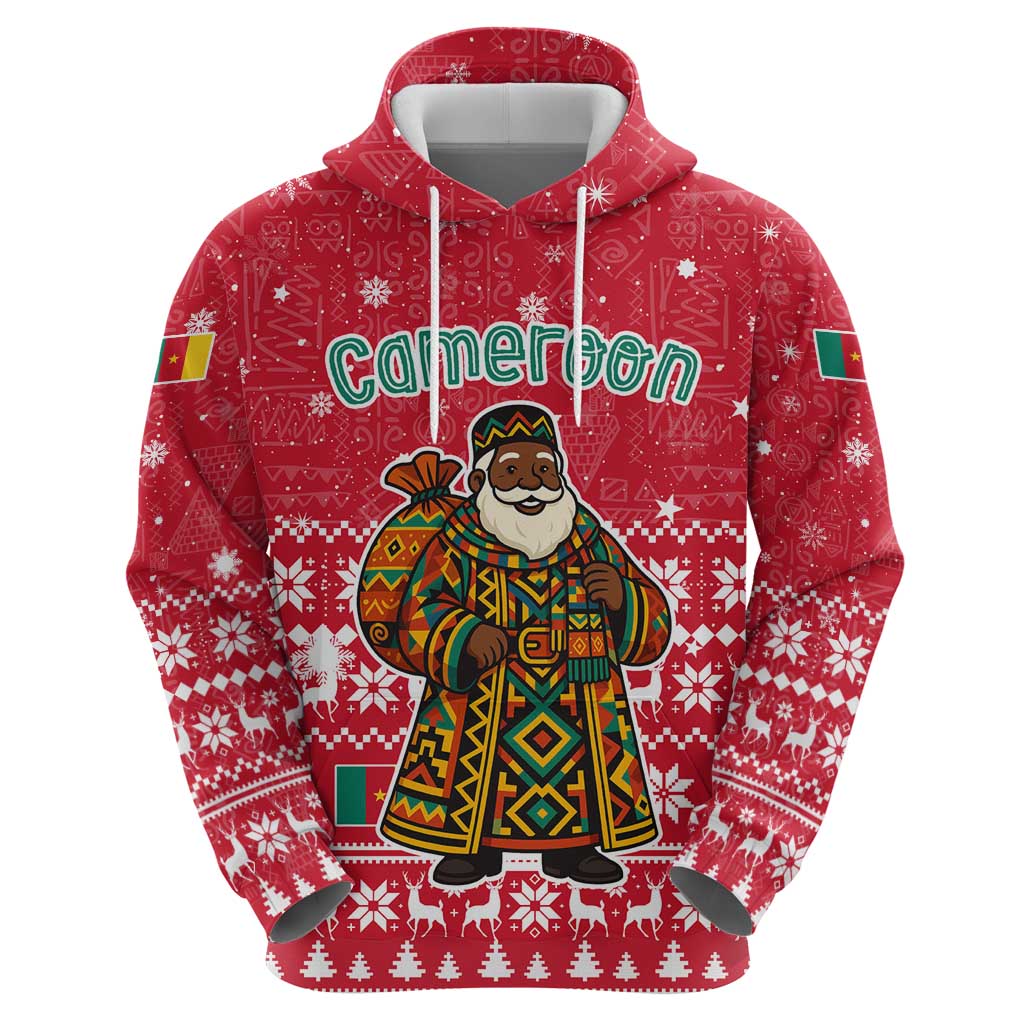 Cameroon Christmas Hoodie with Red Snowflake Pattern Traditional Santa and Map Motif - Wonder Print Shop