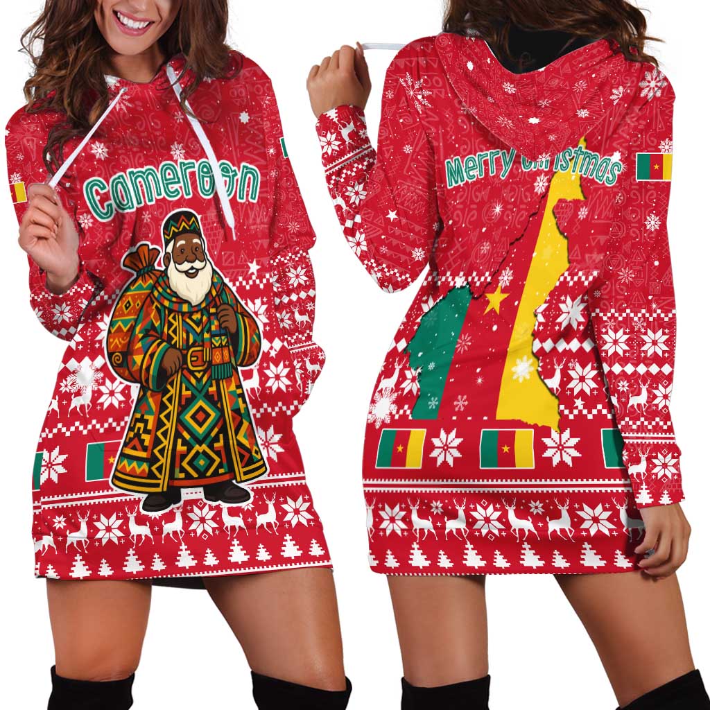 Cameroon Christmas Hoodie Dress with Red Snowflake Pattern Traditional Santa and Map Motif - Wonder Print Shop
