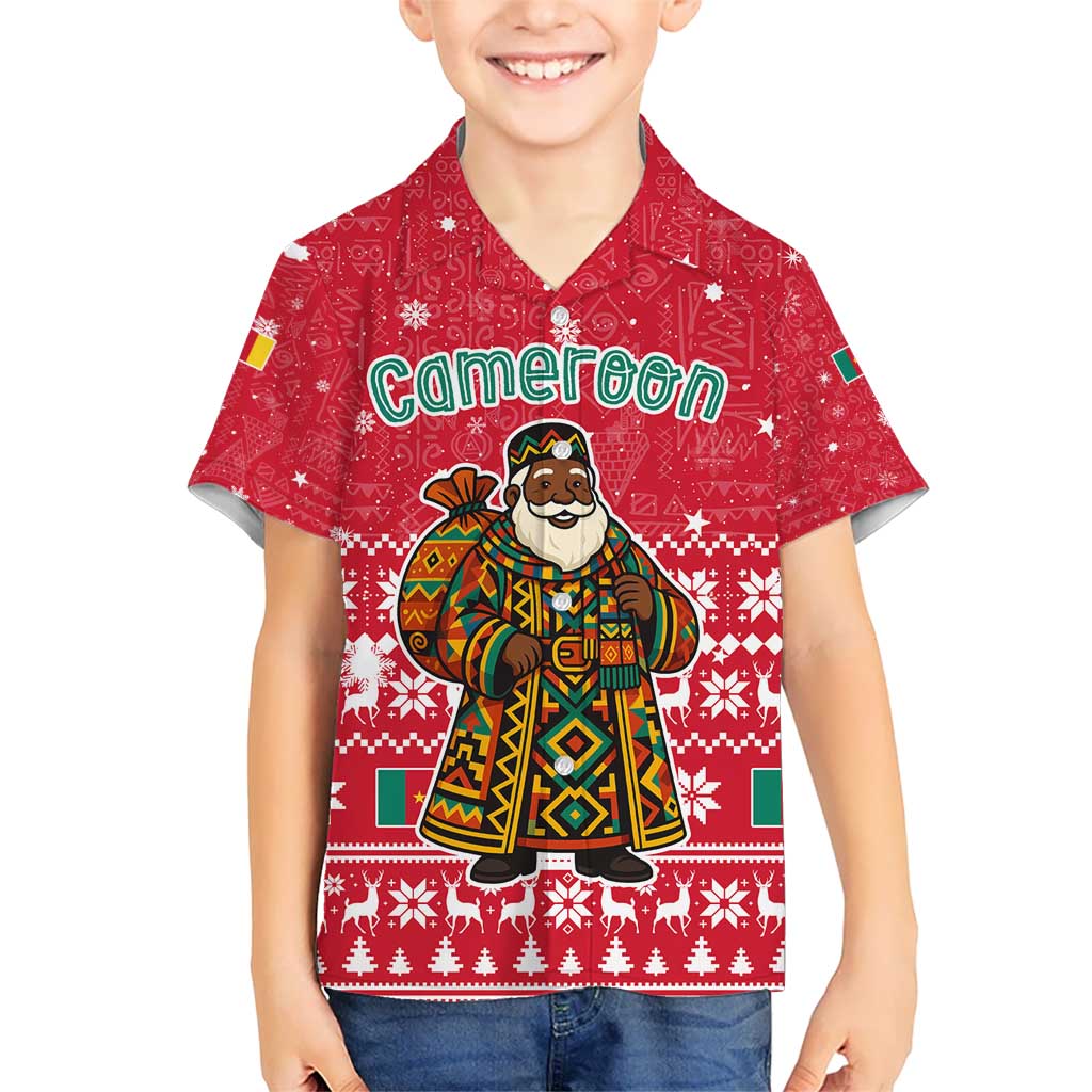 Cameroon Christmas Kid Hawaiian Shirt with Red Snowflake Pattern Traditional Santa and Map Motif - Wonder Print Shop