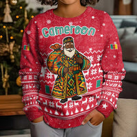 Cameroon Christmas Kid Ugly Christmas Sweater with Red Snowflake Pattern Traditional Santa and Map Motif - Wonder Print Shop