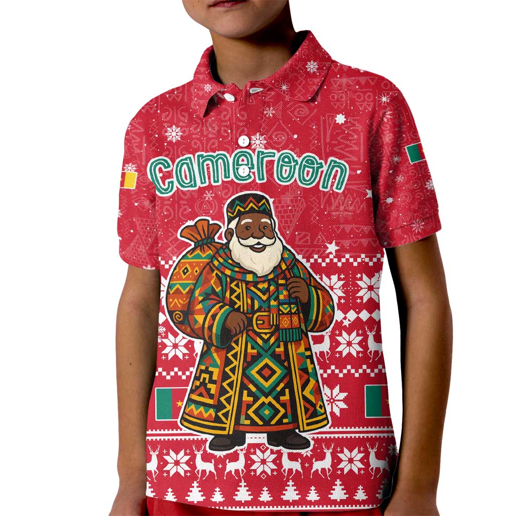 Cameroon Christmas Kid Polo Shirt with Red Snowflake Pattern Traditional Santa and Map Motif - Wonder Print Shop