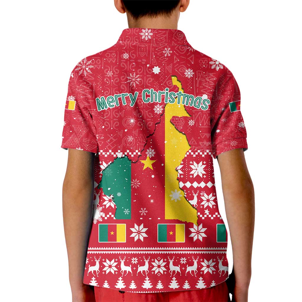 Cameroon Christmas Kid Polo Shirt with Red Snowflake Pattern Traditional Santa and Map Motif - Wonder Print Shop