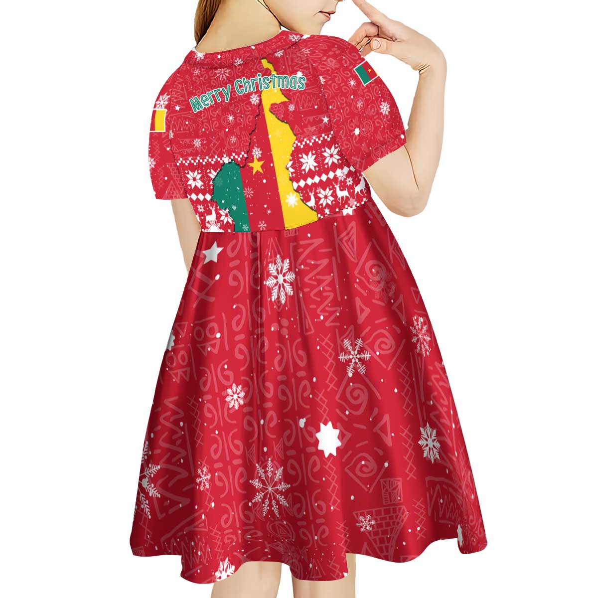 Cameroon Christmas Kid Short Sleeve Dress with Red Snowflake Pattern Traditional Santa and Map Motif - Wonder Print Shop