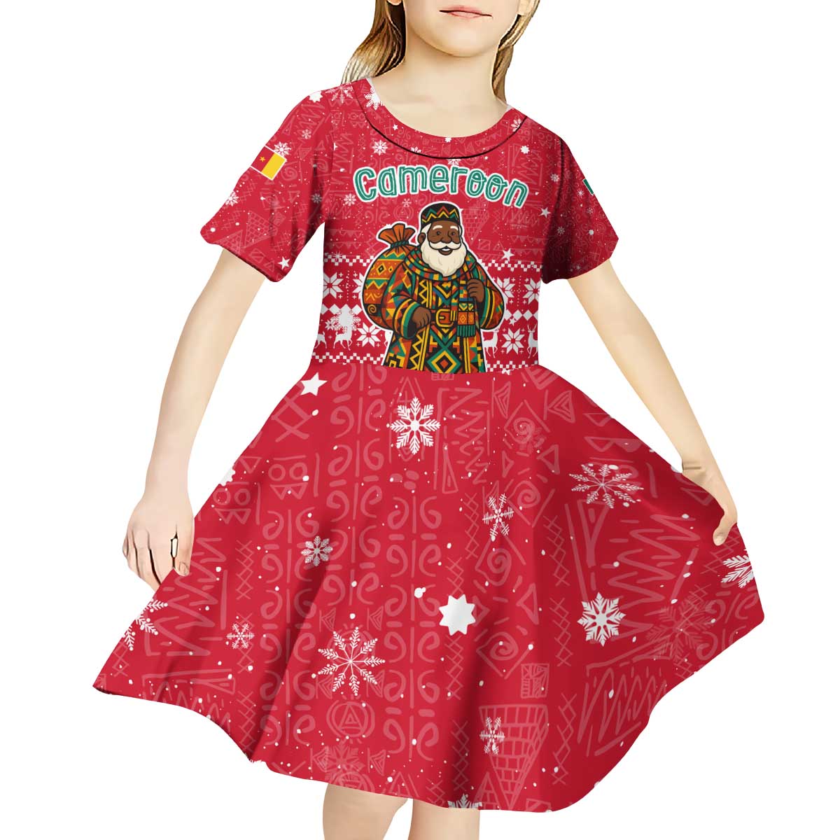 Cameroon Christmas Kid Short Sleeve Dress with Red Snowflake Pattern Traditional Santa and Map Motif - Wonder Print Shop