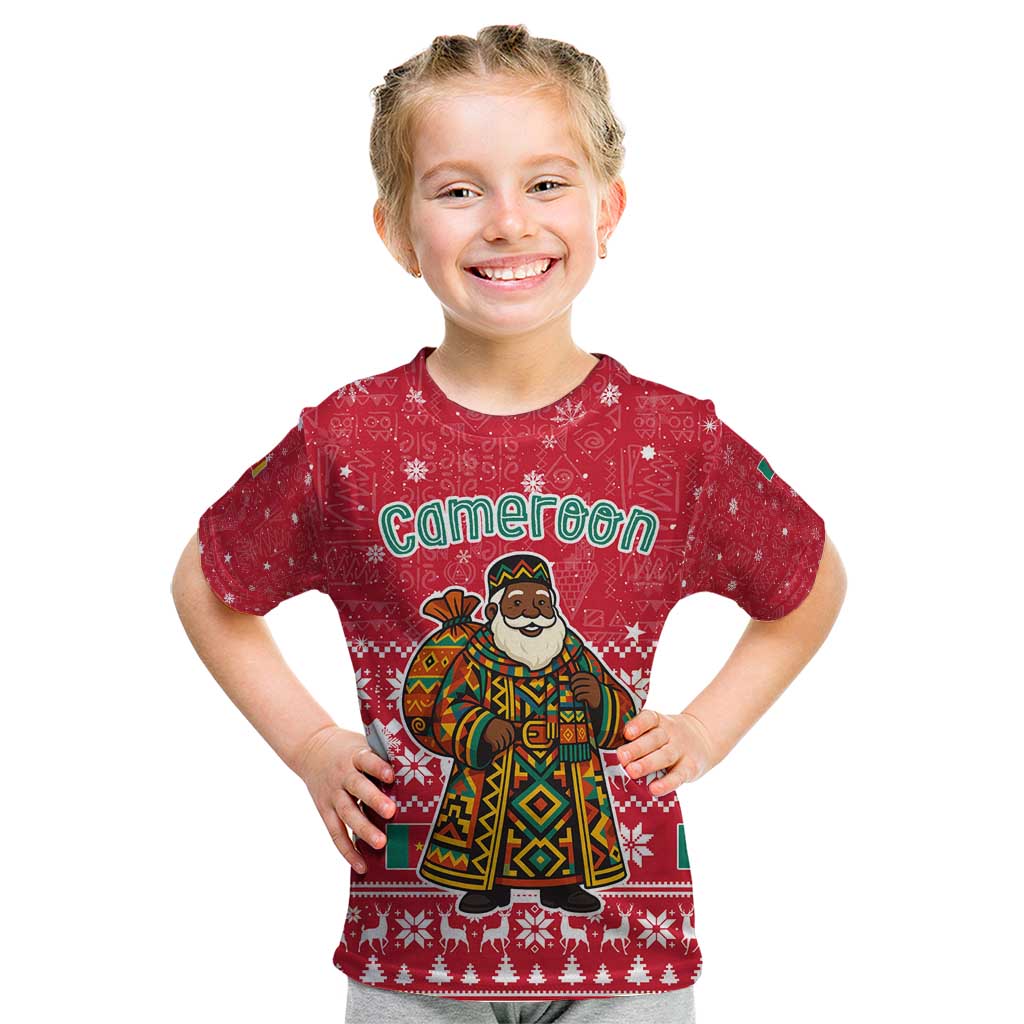 Cameroon Christmas Kid T Shirt with Red Snowflake Pattern Traditional Santa and Map Motif - Wonder Print Shop