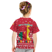 Cameroon Christmas Kid T Shirt with Red Snowflake Pattern Traditional Santa and Map Motif - Wonder Print Shop