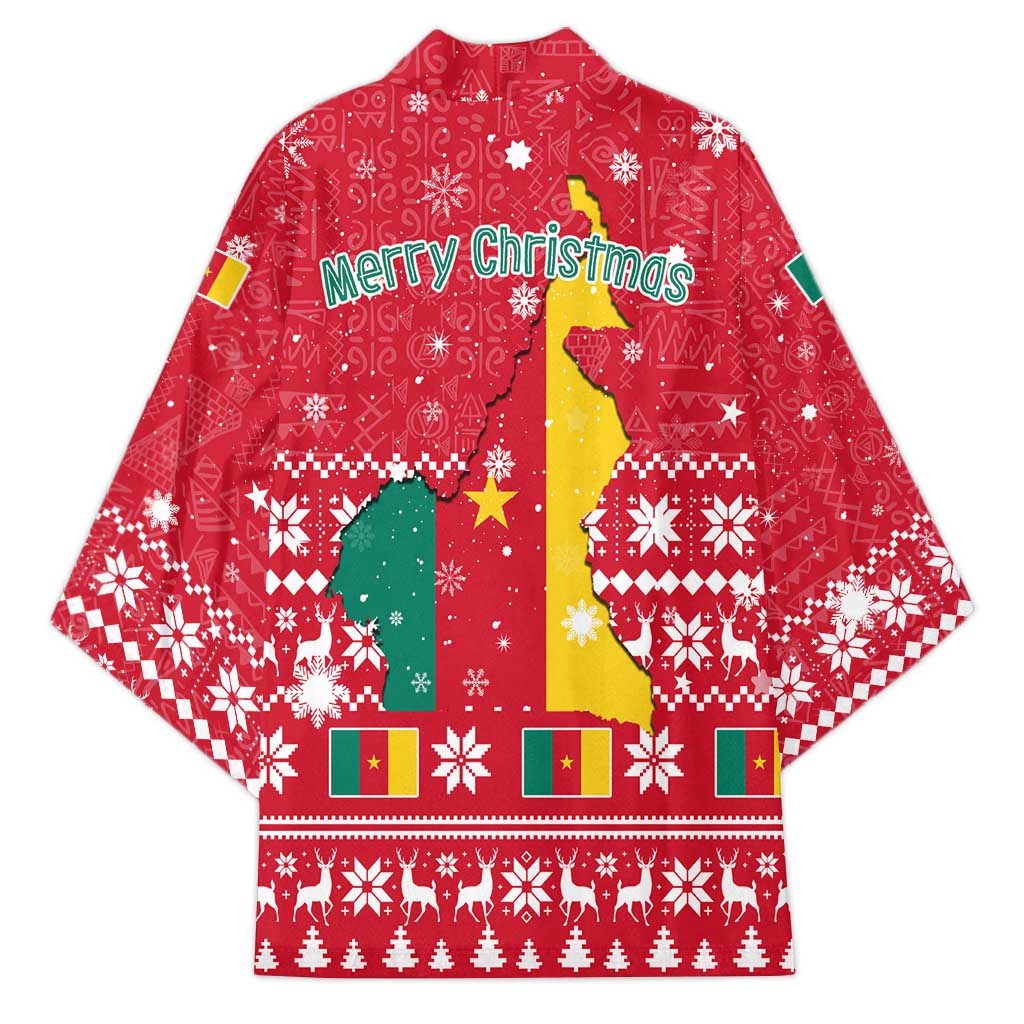Cameroon Christmas Kimono with Red Snowflake Pattern Traditional Santa and Map Motif - Wonder Print Shop