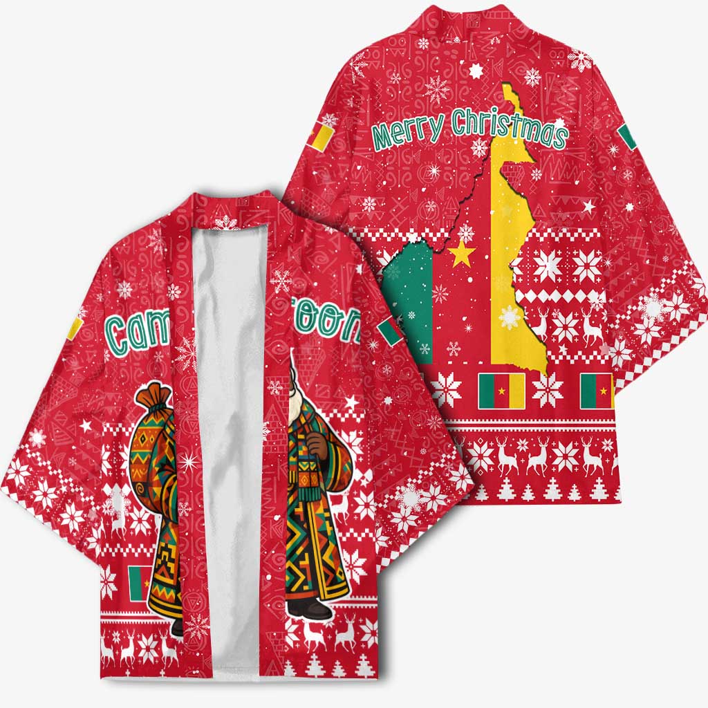 Cameroon Christmas Kimono with Red Snowflake Pattern Traditional Santa and Map Motif - Wonder Print Shop
