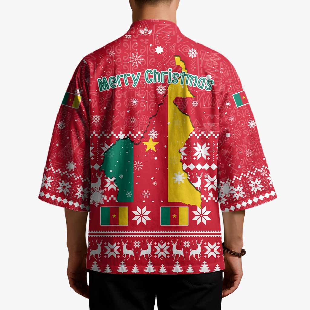 Cameroon Christmas Kimono with Red Snowflake Pattern Traditional Santa and Map Motif - Wonder Print Shop