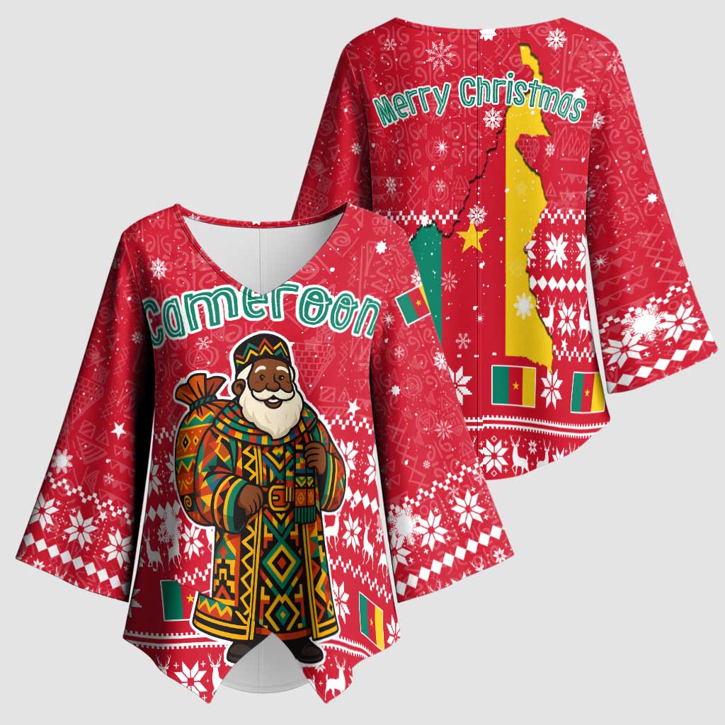 Cameroon Christmas Kimono Sleeve Blouse with Red Snowflake Pattern Traditional Santa and Map Motif - Wonder Print Shop