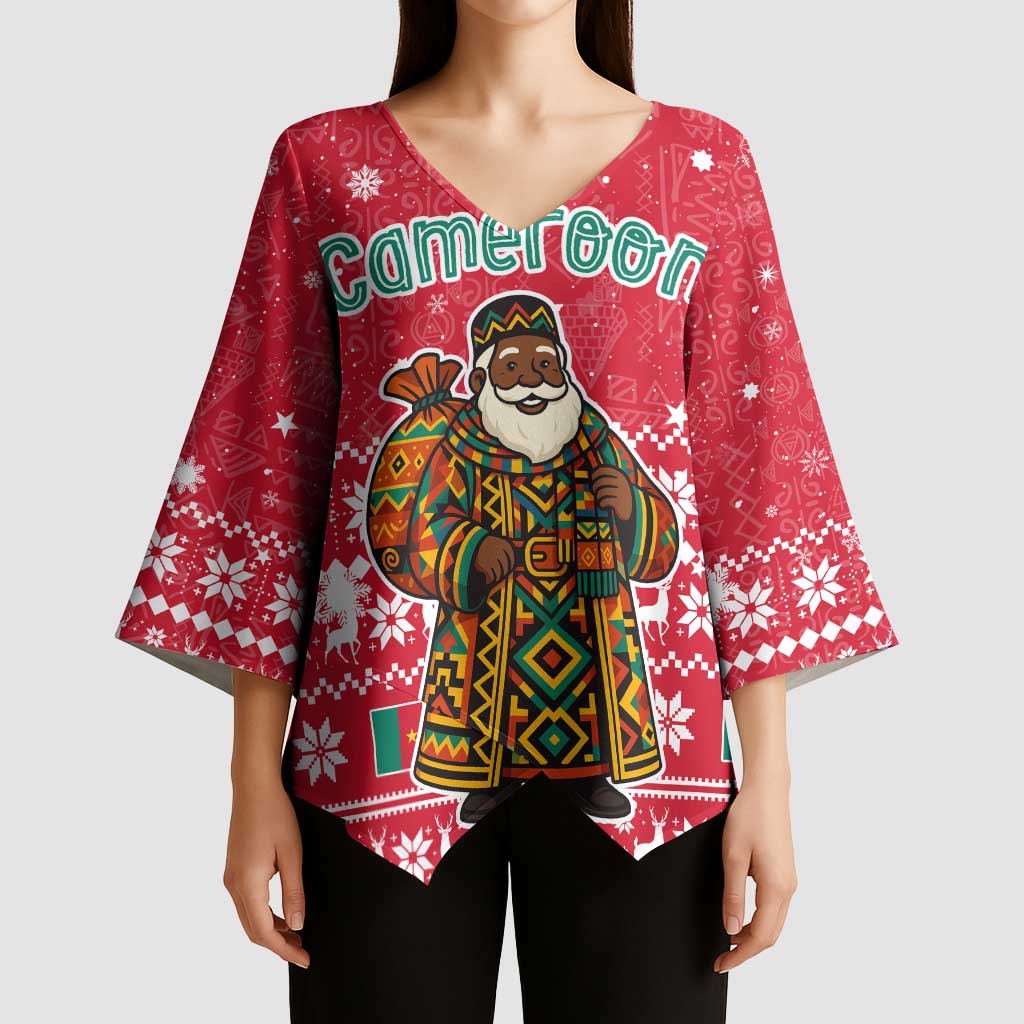 Cameroon Christmas Kimono Sleeve Blouse with Red Snowflake Pattern Traditional Santa and Map Motif - Wonder Print Shop