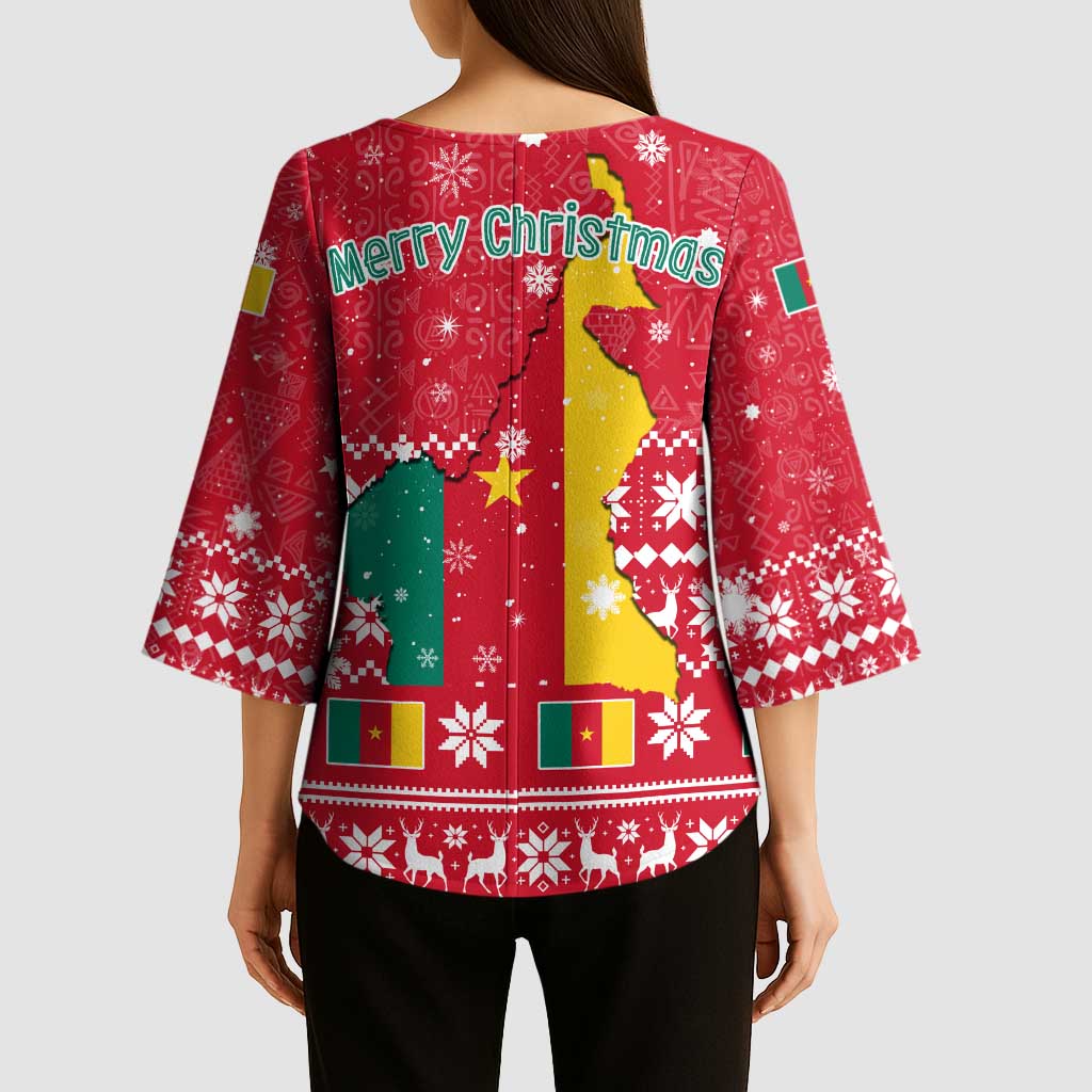 Cameroon Christmas Kimono Sleeve Blouse with Red Snowflake Pattern Traditional Santa and Map Motif - Wonder Print Shop