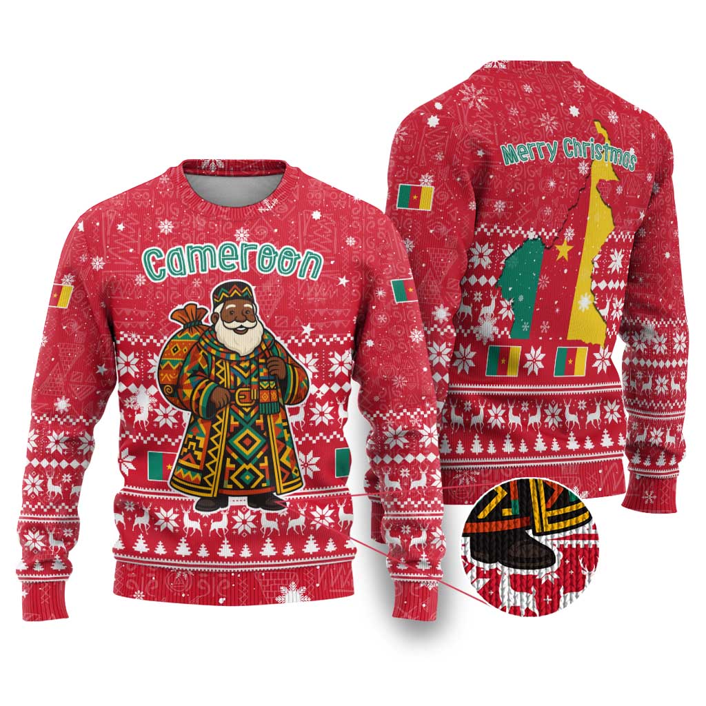 Cameroon Christmas Ugly Christmas Sweater with Red Snowflake Pattern Traditional Santa and Map Motif - Wonder Print Shop