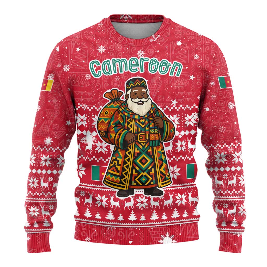 Cameroon Christmas Ugly Christmas Sweater with Red Snowflake Pattern Traditional Santa and Map Motif - Wonder Print Shop