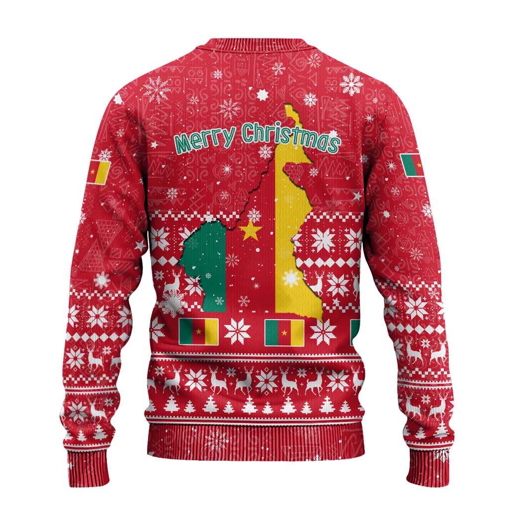 Cameroon Christmas Ugly Christmas Sweater with Red Snowflake Pattern Traditional Santa and Map Motif - Wonder Print Shop