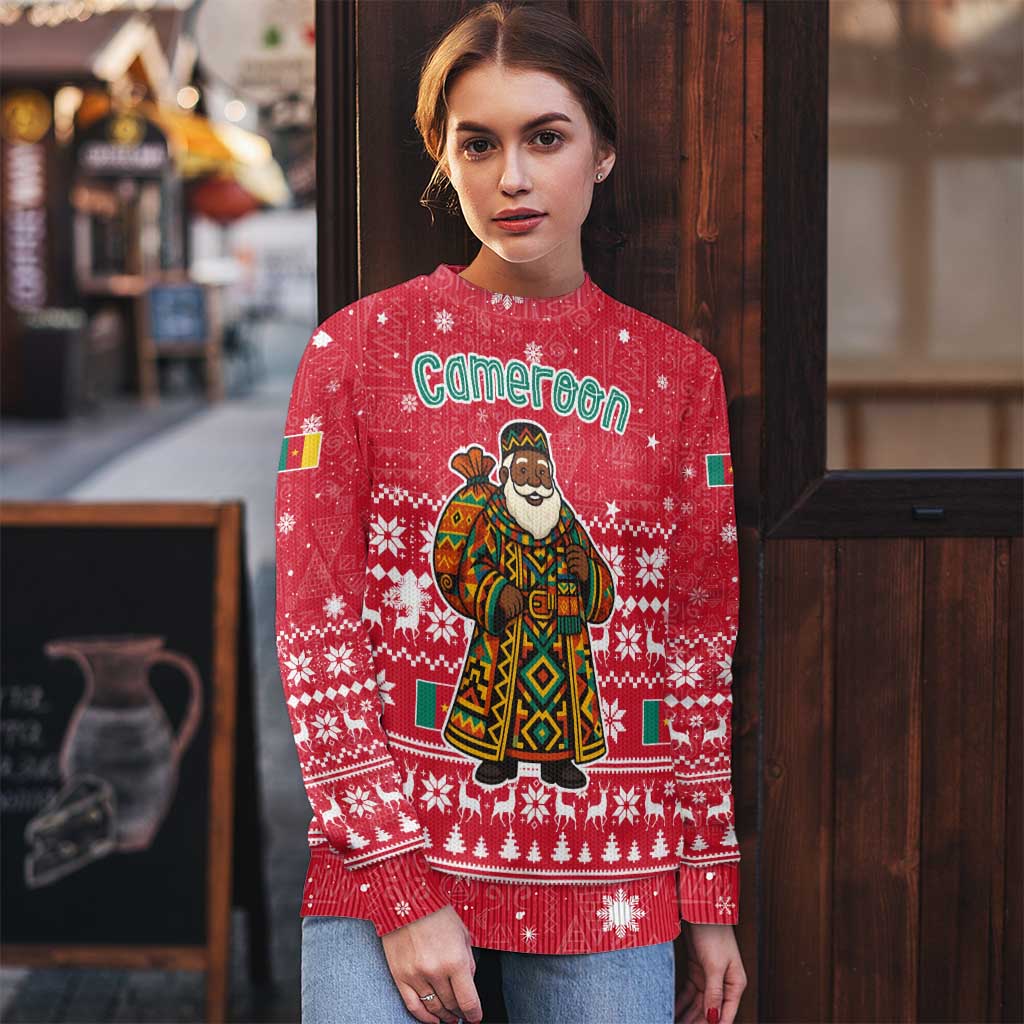 Cameroon Christmas Ugly Christmas Sweater with Red Snowflake Pattern Traditional Santa and Map Motif - Wonder Print Shop