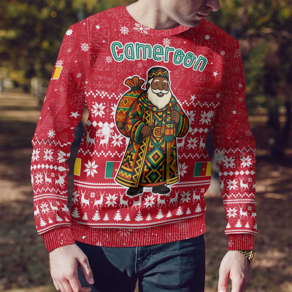 Cameroon Christmas Ugly Christmas Sweater with Red Snowflake Pattern Traditional Santa and Map Motif - Wonder Print Shop