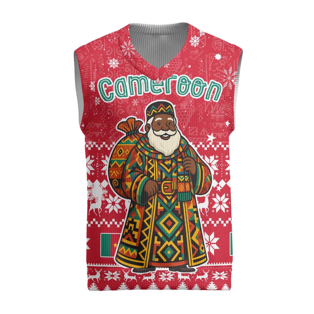 Cameroon Christmas Knitted V-Neck Vest with Red Snowflake Pattern Traditional Santa and Map Motif - Wonder Print Shop