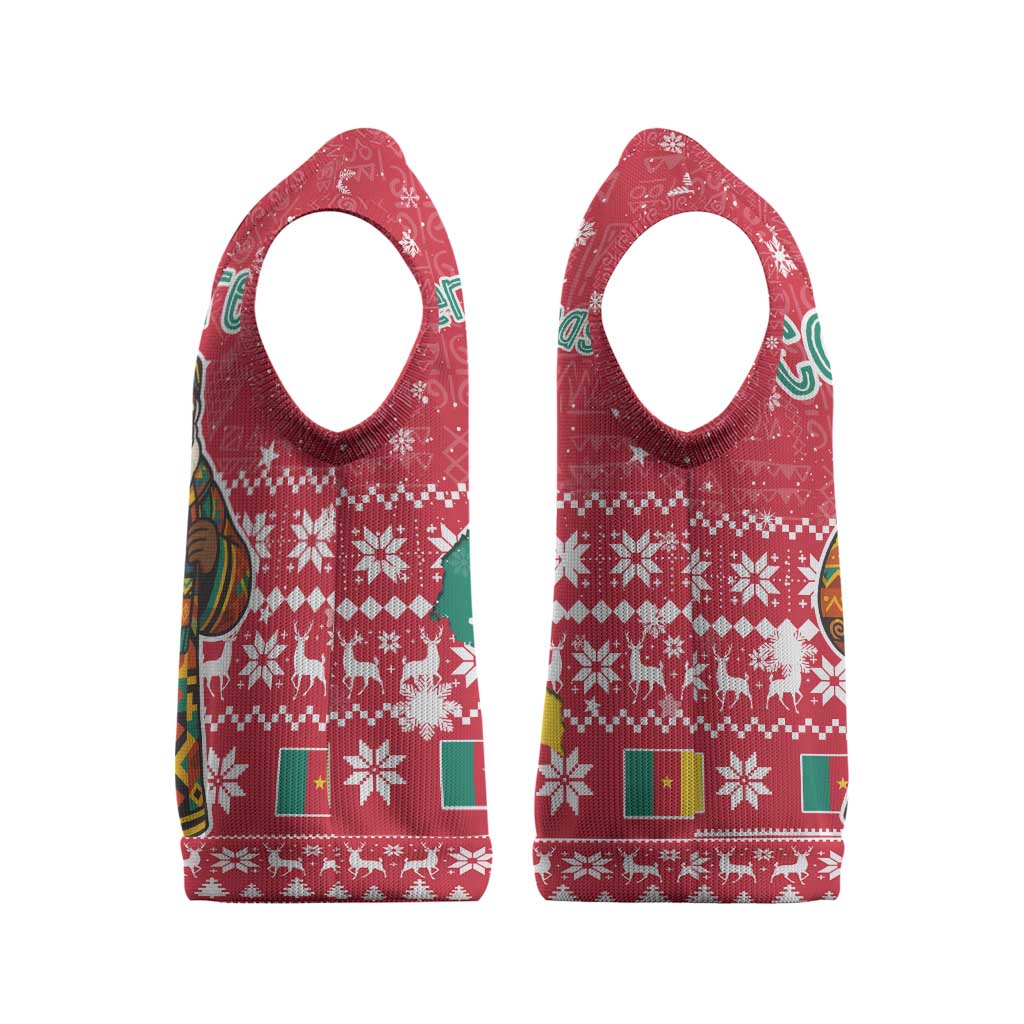 Cameroon Christmas Knitted V-Neck Vest with Red Snowflake Pattern Traditional Santa and Map Motif - Wonder Print Shop