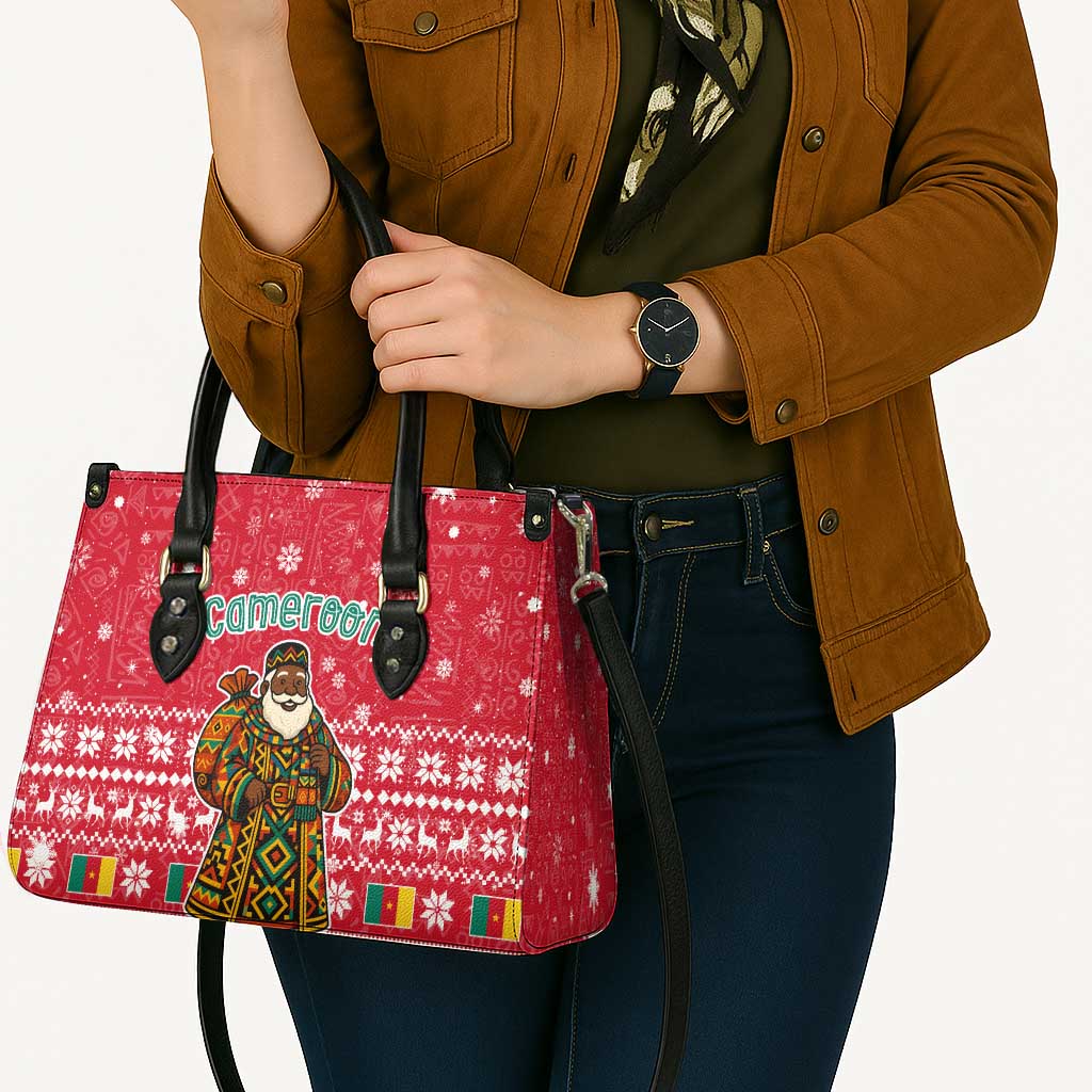 Cameroon Christmas Leather Bag with Red Snowflake Pattern Traditional Santa and Map Motif - Wonder Print Shop