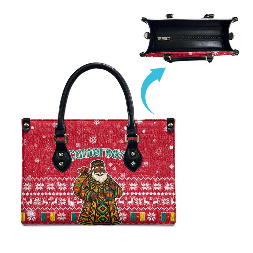 Cameroon Christmas Leather Bag with Red Snowflake Pattern Traditional Santa and Map Motif - Wonder Print Shop