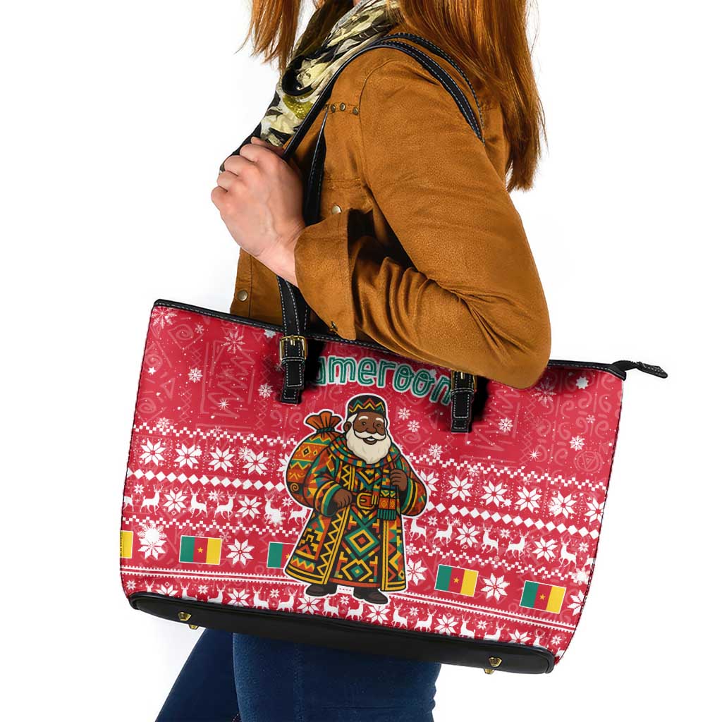 Cameroon Christmas Leather Tote Bag with Red Snowflake Pattern Traditional Santa and Map Motif - Wonder Print Shop