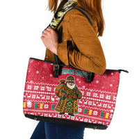 Cameroon Christmas Leather Tote Bag with Red Snowflake Pattern Traditional Santa and Map Motif - Wonder Print Shop
