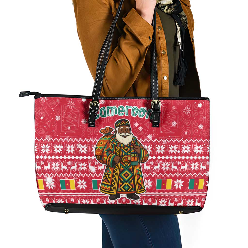 Cameroon Christmas Leather Tote Bag with Red Snowflake Pattern Traditional Santa and Map Motif - Wonder Print Shop