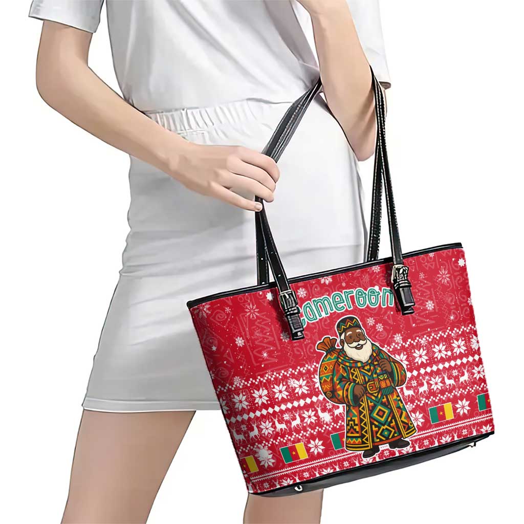 Cameroon Christmas Leather Tote Bag with Red Snowflake Pattern Traditional Santa and Map Motif - Wonder Print Shop