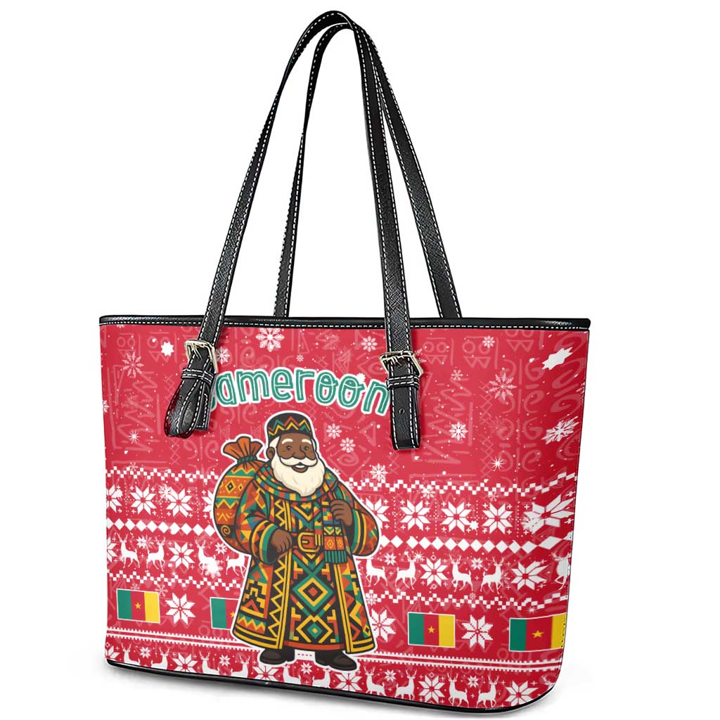 Cameroon Christmas Leather Tote Bag with Red Snowflake Pattern Traditional Santa and Map Motif - Wonder Print Shop