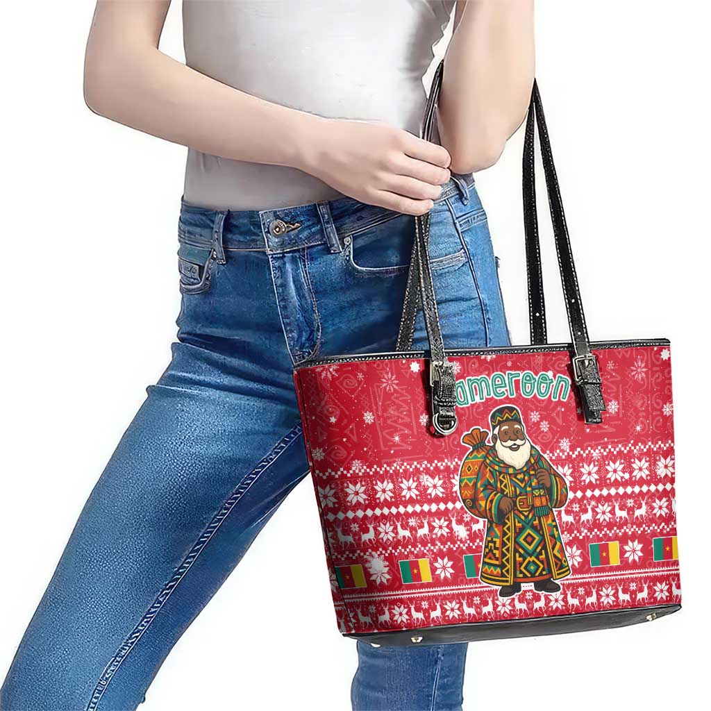 Cameroon Christmas Leather Tote Bag with Red Snowflake Pattern Traditional Santa and Map Motif - Wonder Print Shop