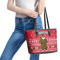 Cameroon Christmas Leather Tote Bag with Red Snowflake Pattern Traditional Santa and Map Motif - Wonder Print Shop