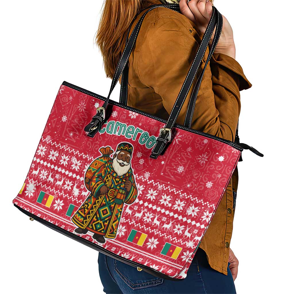Cameroon Christmas Leather Tote Bag with Red Snowflake Pattern Traditional Santa and Map Motif - Wonder Print Shop
