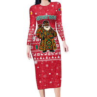 Cameroon Christmas Long Sleeve Bodycon Dress with Red Snowflake Pattern Traditional Santa and Map Motif - Wonder Print Shop