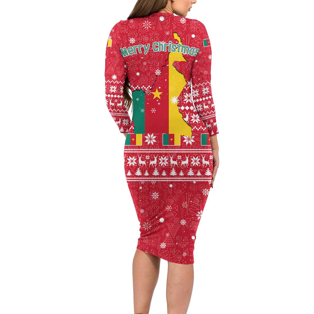 Cameroon Christmas Long Sleeve Bodycon Dress with Red Snowflake Pattern Traditional Santa and Map Motif - Wonder Print Shop