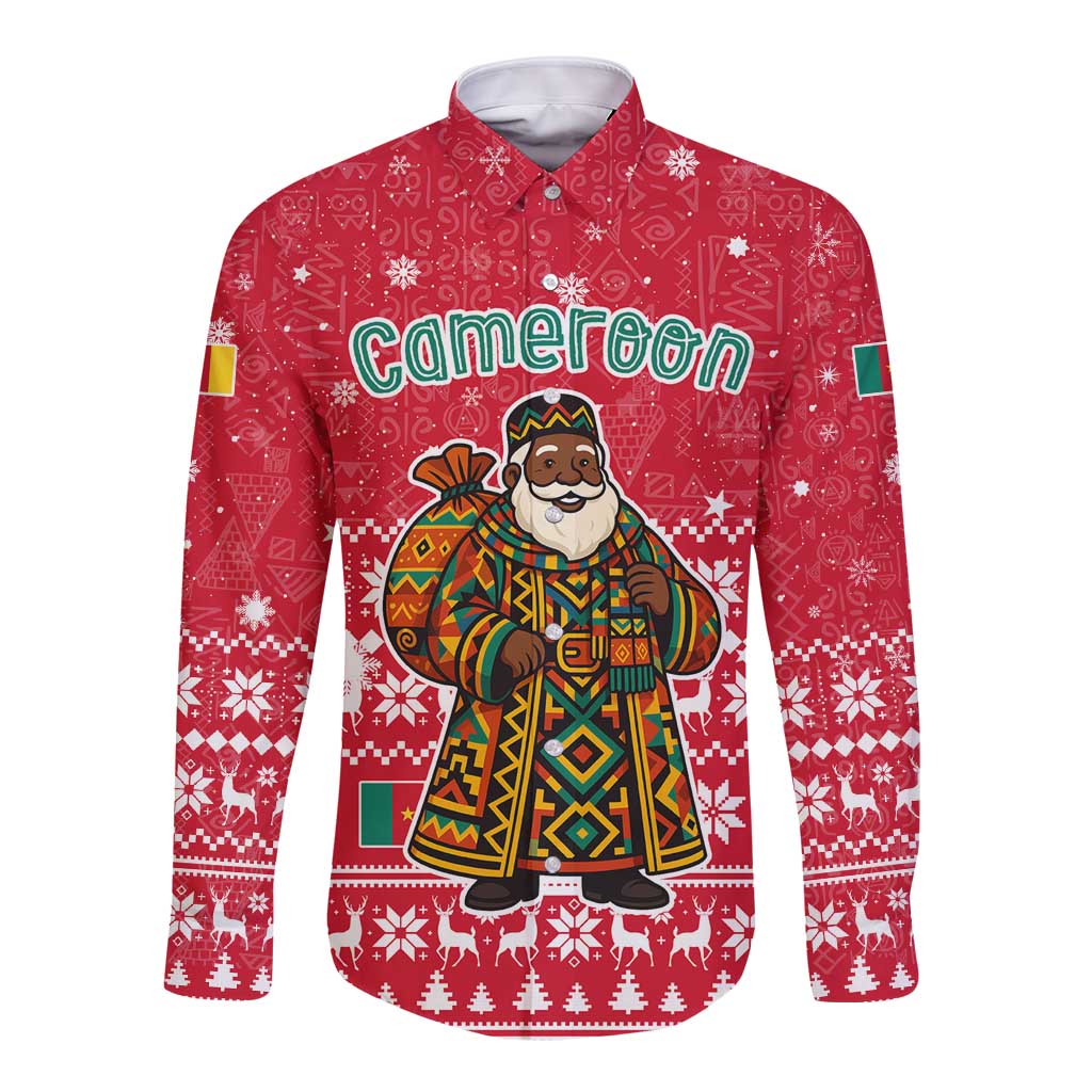 Cameroon Christmas Long Sleeve Button Shirt with Red Snowflake Pattern Traditional Santa and Map Motif - Wonder Print Shop