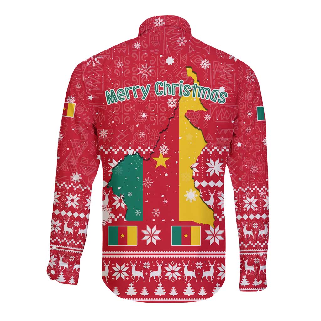 Cameroon Christmas Long Sleeve Button Shirt with Red Snowflake Pattern Traditional Santa and Map Motif - Wonder Print Shop