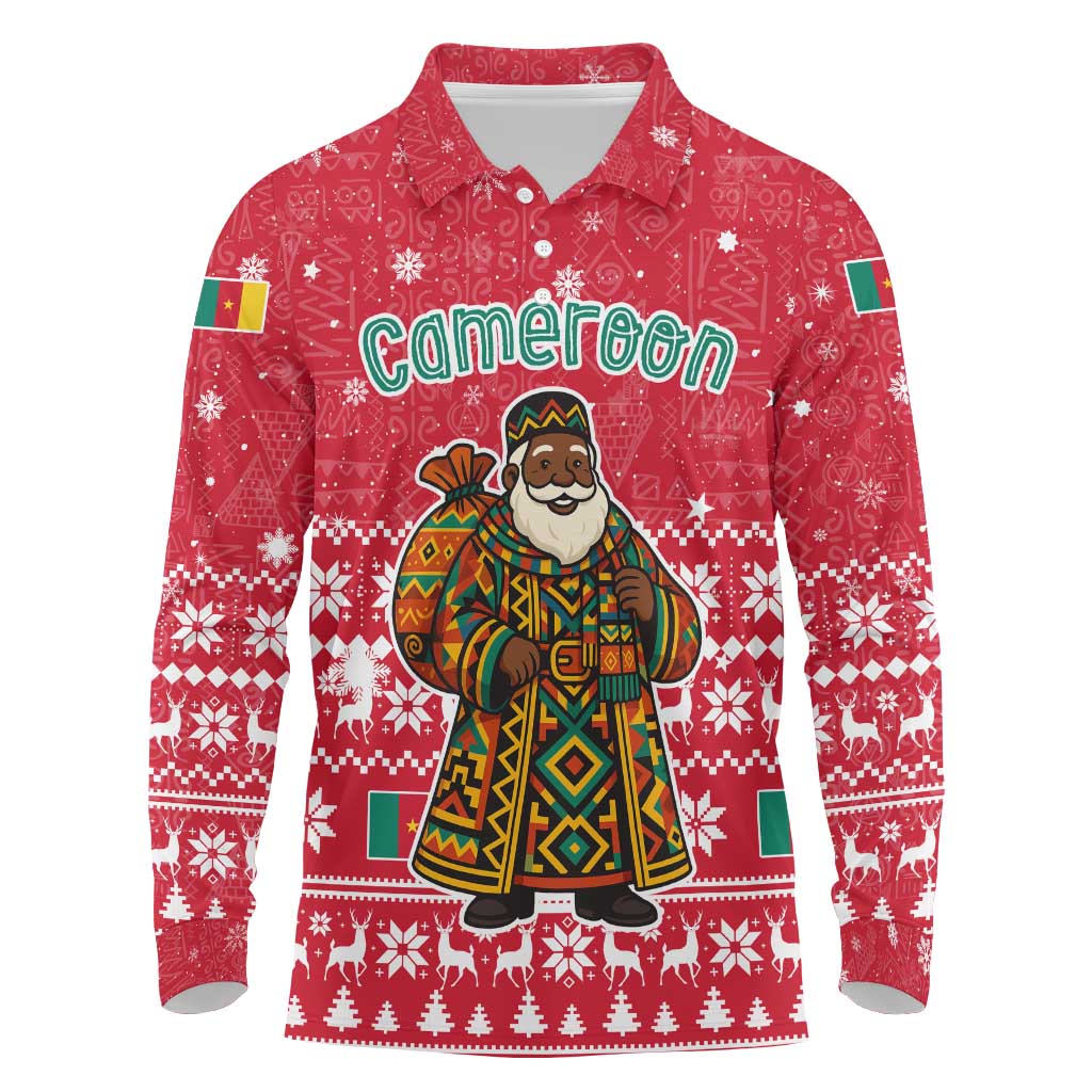 Cameroon Christmas Long Sleeve Polo Shirt with Red Snowflake Pattern Traditional Santa and Map Motif - Wonder Print Shop