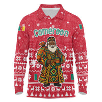 Cameroon Christmas Long Sleeve Polo Shirt with Red Snowflake Pattern Traditional Santa and Map Motif - Wonder Print Shop